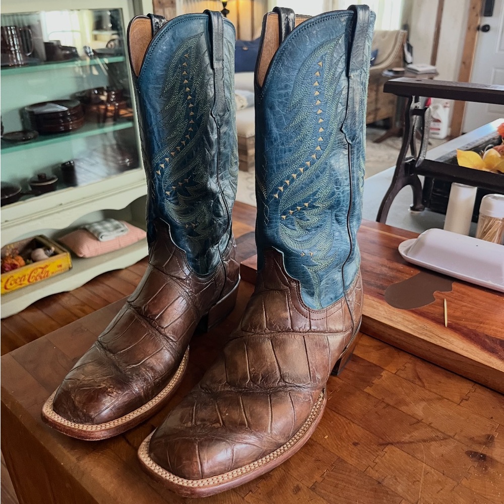 Lucchese Faint Gator 10D Brown and Blue Western Cowboy Boots